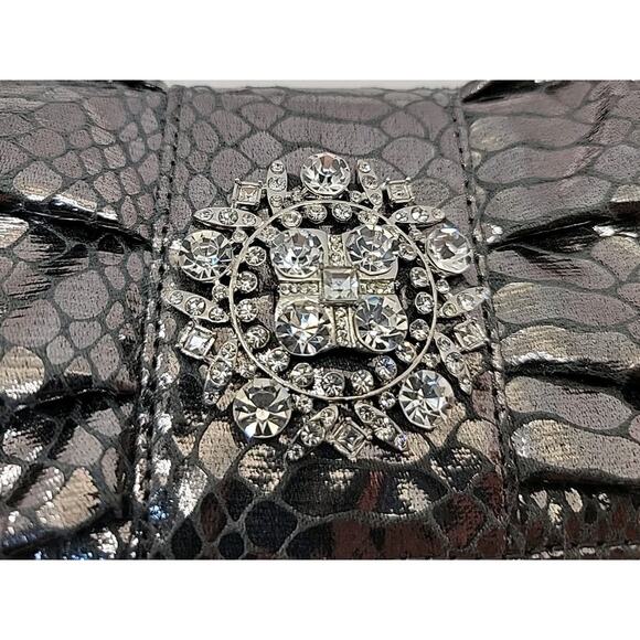 IMAN Evening Bag Purse Rhinestones Removable Strap Silver Metallic Snake Print - Picture 3 of 14